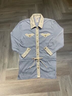VTG Lacy Afternoon Shell Kepler Victorian Lace Cameo Cardigan Womens Large Blue